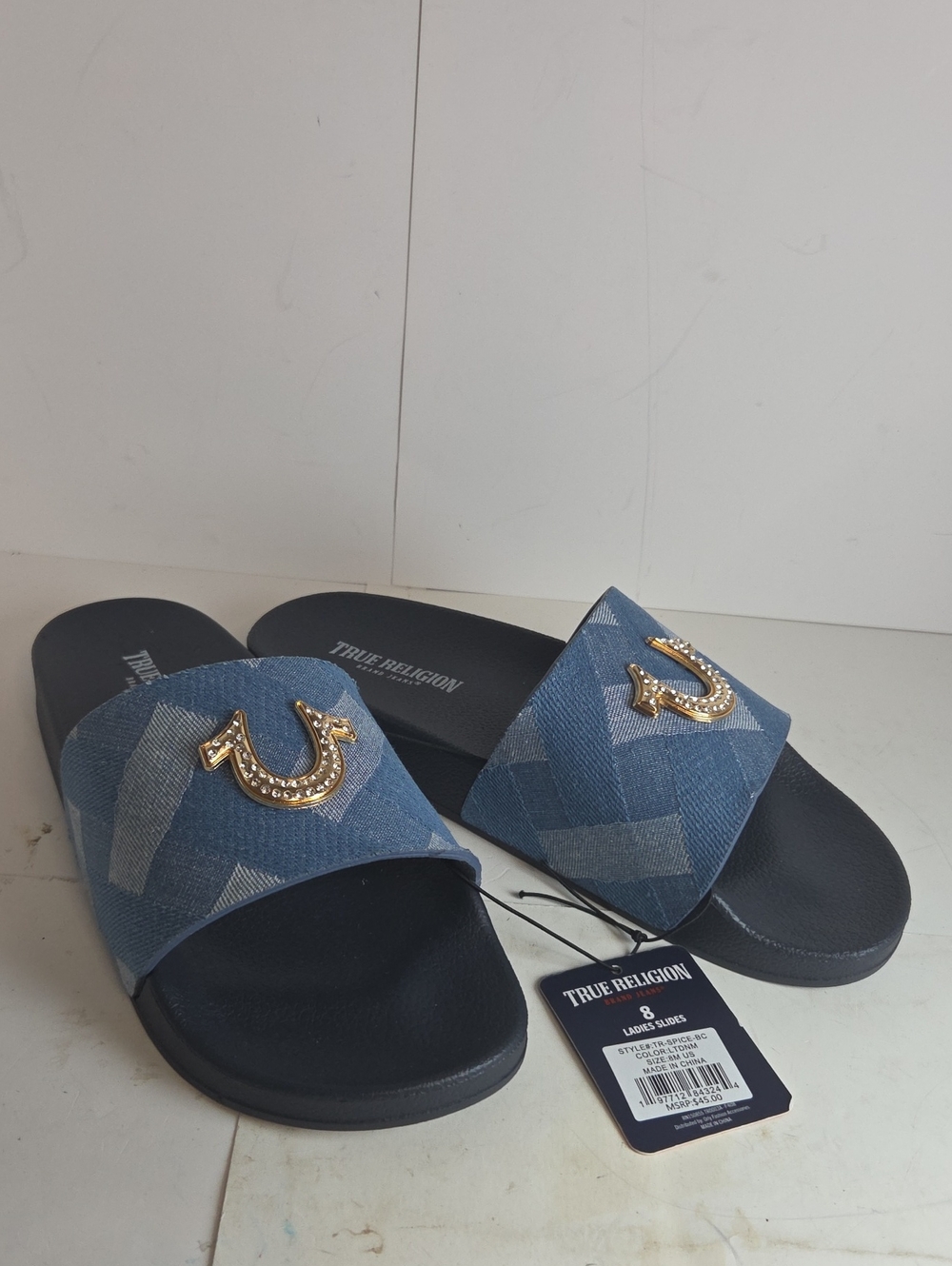Women's True Religion Denim Slides Sandals Size 8 Blue Black